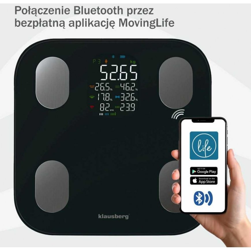 Keittiövaaka WAGA KYLPYHUONEELLE KUDOSRASVAN JA KEHON KOOSTUMUKSEN MITTAAMISEEN, SMART, BT, KLAUSBERG KB-7854 Musta – 2