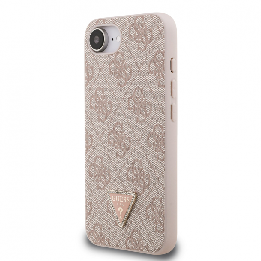 Guess PU 4G Strass Kolmio Metallilogo Kuori iPhone 16e Roosa