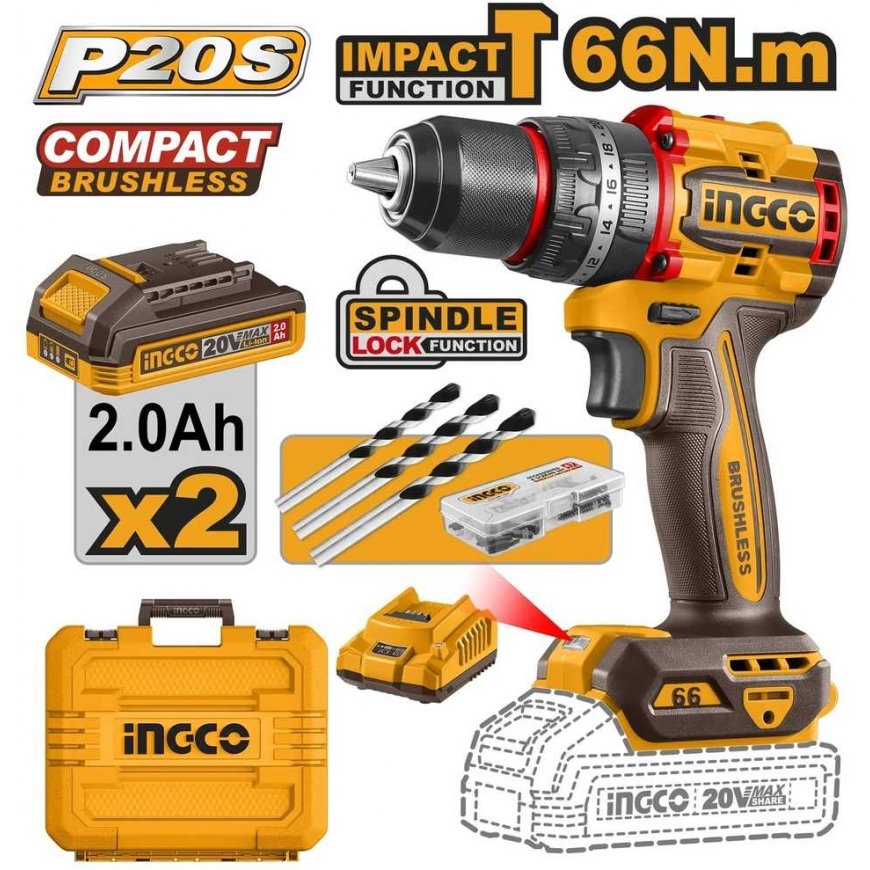Ingco CIDLI20668E AKU drilling screwdriver with impact driver, 60Nm, incl. battery 2pcs and charger – 2
