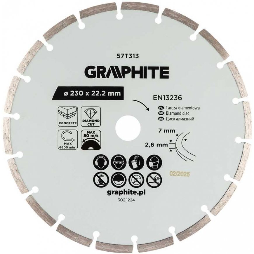 Graphite Segmented Diamond Cutting Disc, 230 x 22.2 mm, for Dry Processing