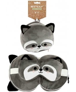 Puckator Relaxeazzz Raccoon apaļais ceļojumu spilvens un acu maska