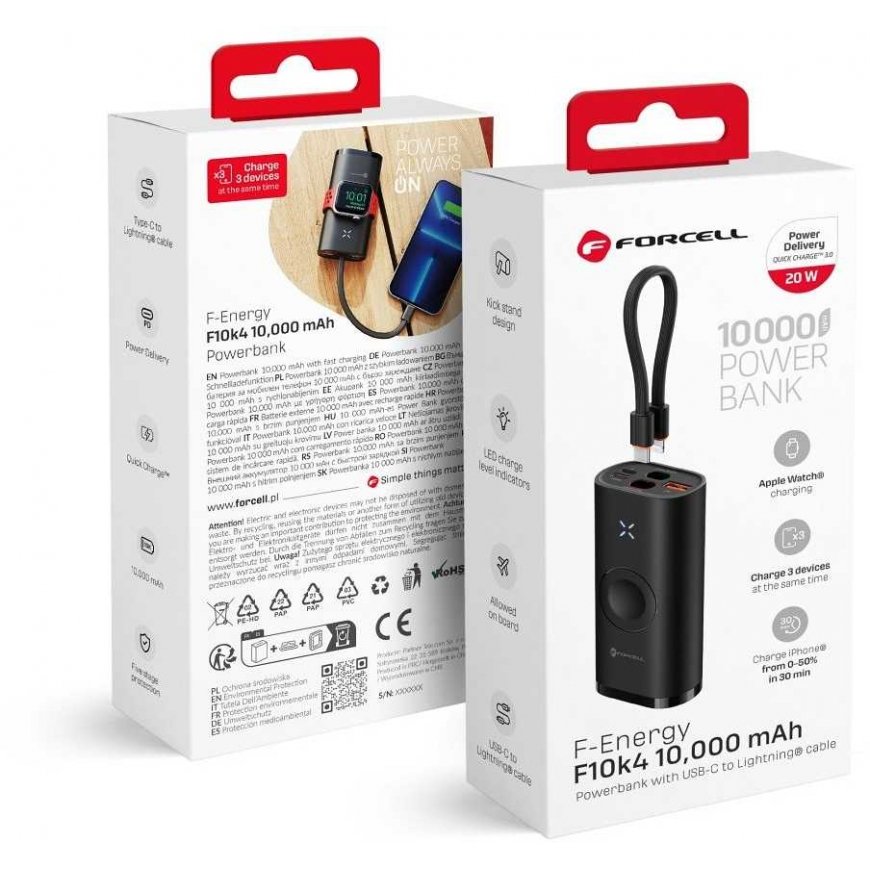 FORCELL F-ENERGY F10K4 блок питания, совместимый с Apple Watch PD QC3.0 3A 22,5W 10000 мАч черного цвета