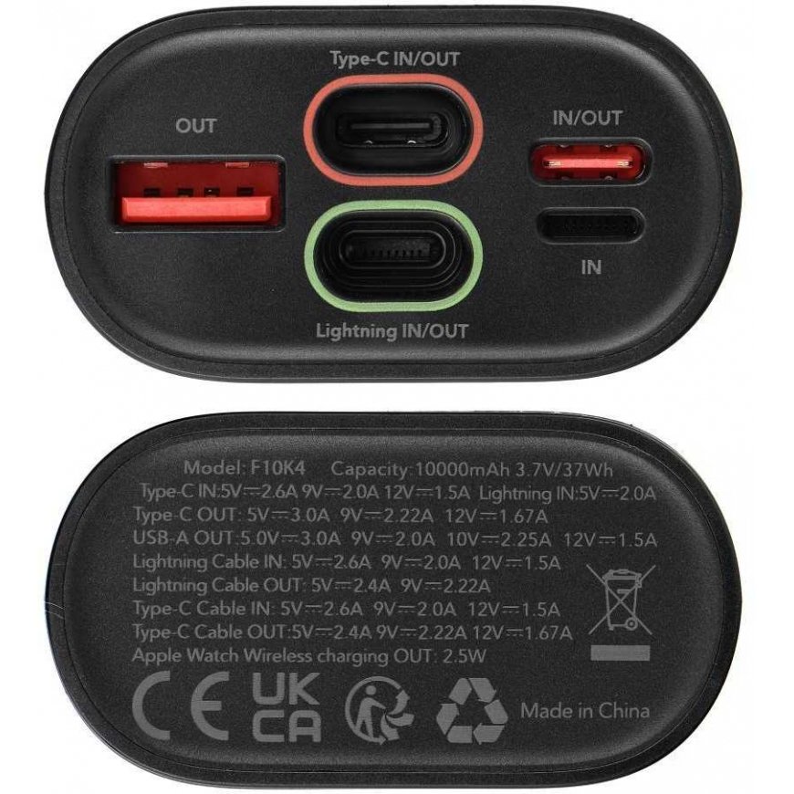 FORCELL F-ENERGY F10K4 toiteplokk, ühilduv Apple Watch PD QC3.0 3A 22,5W 10000 mAh musta värviga – 5