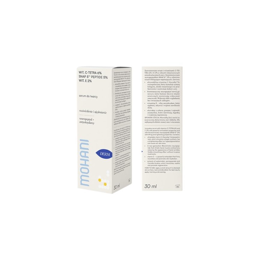 Mohani Stangrininamasis ja sära andev näoserum, mis sisaldab väga stabiilset C-vitamiini TETRA 6%, neuropeptiidi SNAP 8™ ja pept