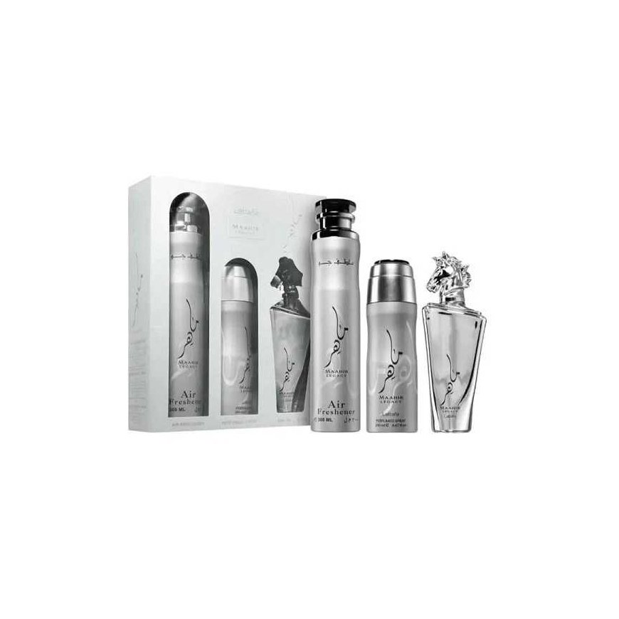 Lattafa „Maahir Legacy“ komplekts ar smaržu (100 ml) + dezodorantu (200 ml) + gaisa atsvaidzinātāju (300 ml)