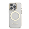 Guess IML Gold Outline Stand Camera Frame MagSafe case designed for Apple iPhone 16 Pro transparent