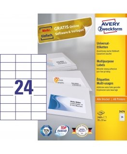 Avery 3474 liimaetiketti Suorakulmio Kiinteä Valkoinen 2400 kpl