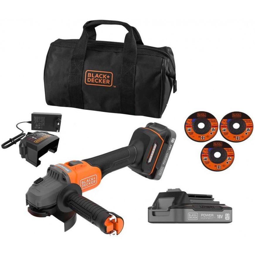 Black & Decker akumuliatoriline kampinis šlifuoklis 115mm, POWERCONNECT 18V, 2x2,0Ah, Must & Decker [BCG6L8D2S-QW]