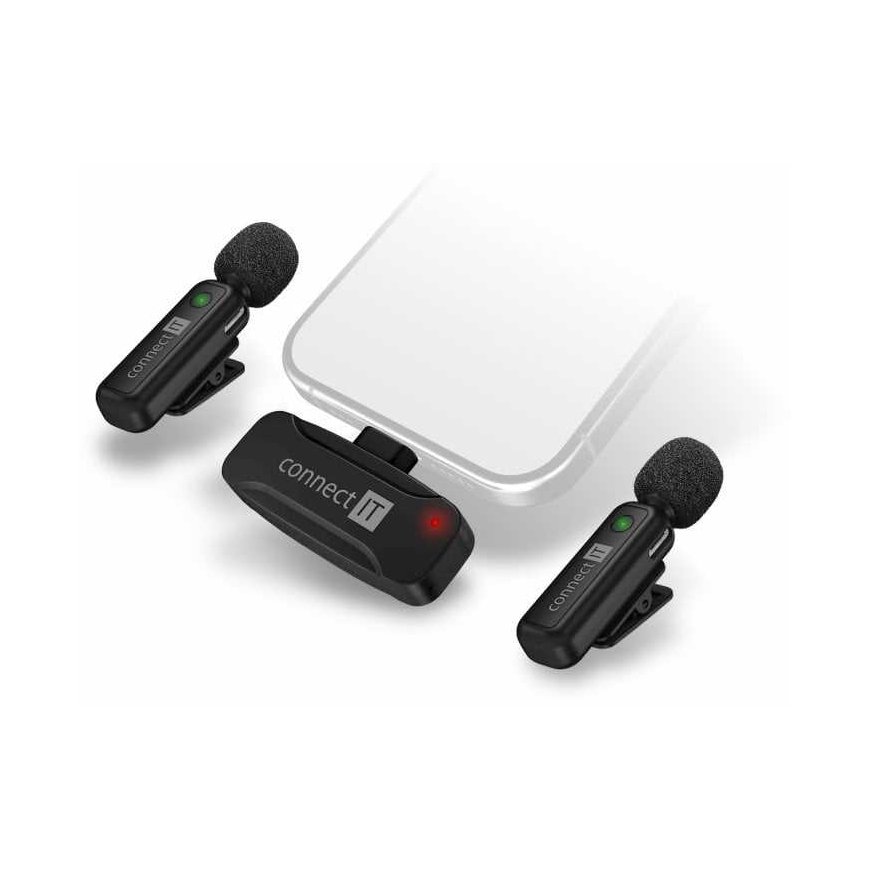 CONNECT IT ClipMic mikrofonas, 2x belaidis prisegamas mikrofonas su imtuvu, „Lightning“ jungtis, juodas