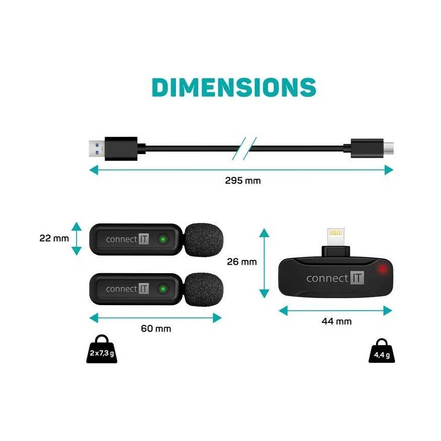 CONNECT IT ClipMic mikrofons, 2x bezvadu pievienojams mikrofons ar uztvērēju, „Lightning“ pieslēgvieta, melns – 3