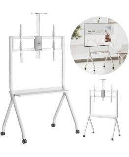 Maclean TV stand/cart, shelf for camera, on wheels, 55-100", max load 120 kg/10 kg shelf, max VESA 900x600, white, M