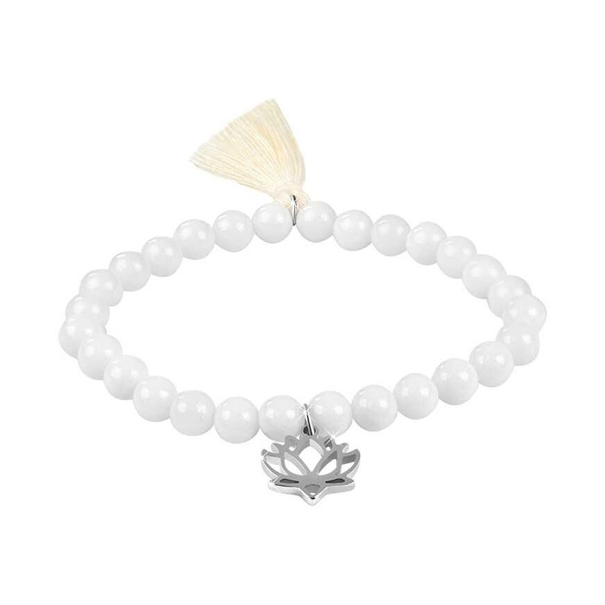 White agate bead bracelet with a lotus flower and tassel