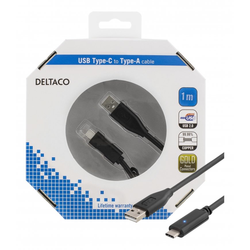 Deltaco USBC-1004-K USB kabelis USB 2.0 1 m USB A Juoda