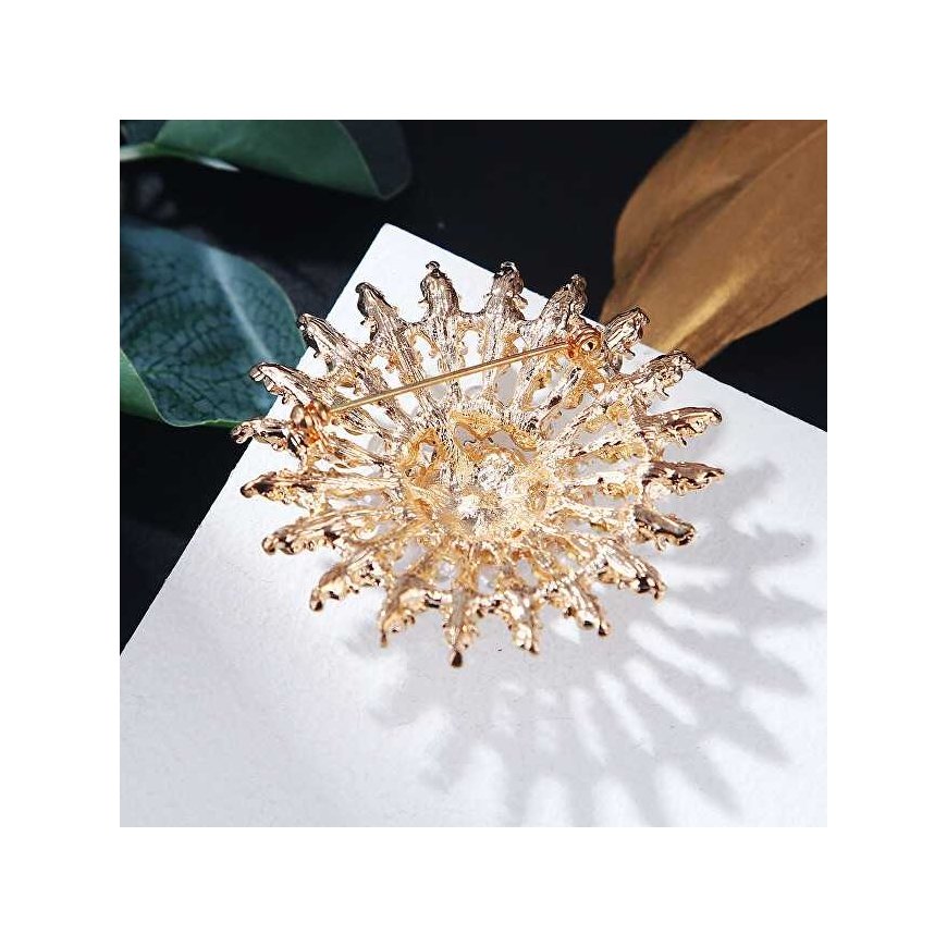 Shiny brooch with crystals and artificial pearls, gold – 4