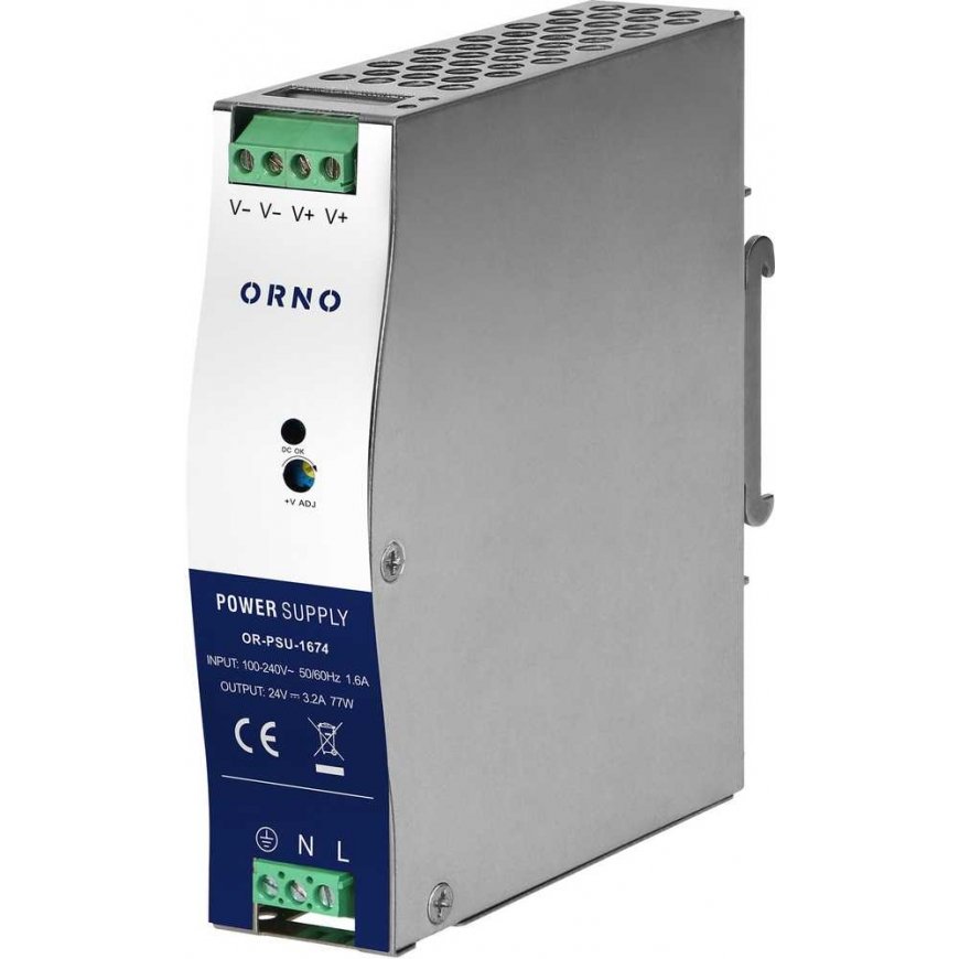 Orno Pramoninis maitinimo šaltinis, skirtas DIN bėgiui, 24VDC 3,2A 77W, metaliniame korpuse – 3
