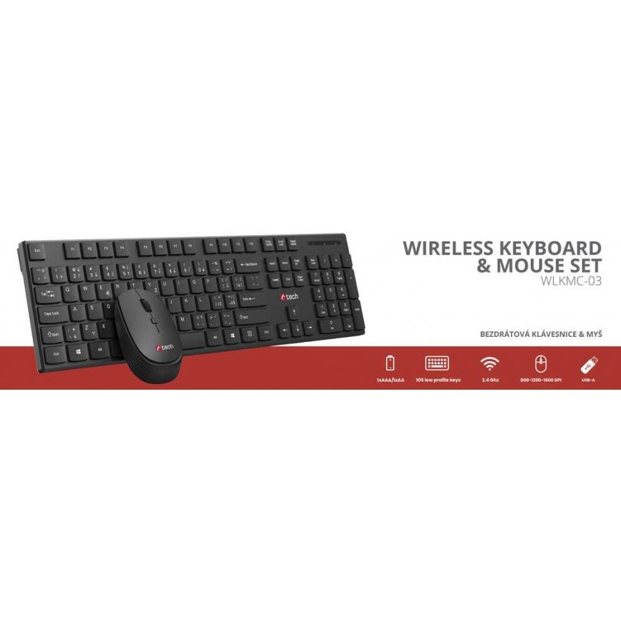 C-TECH näppäimistö ja hiiri WLKMC-03, Langaton setti 2.4GHz, CZ, Musta – 2