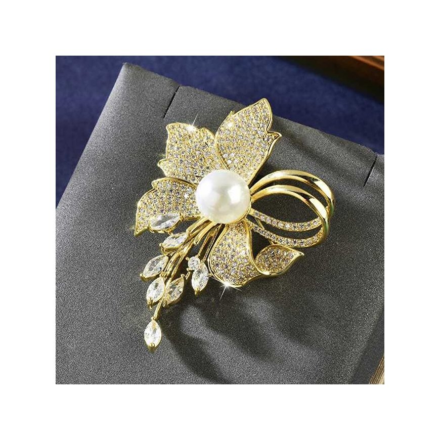 Shiny flower brooch with artificial pearl, gold – 3