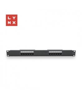 LYNX 19" patch panelis 12-portu, UTP Cat5e, 50µ, aizsargāts, melns