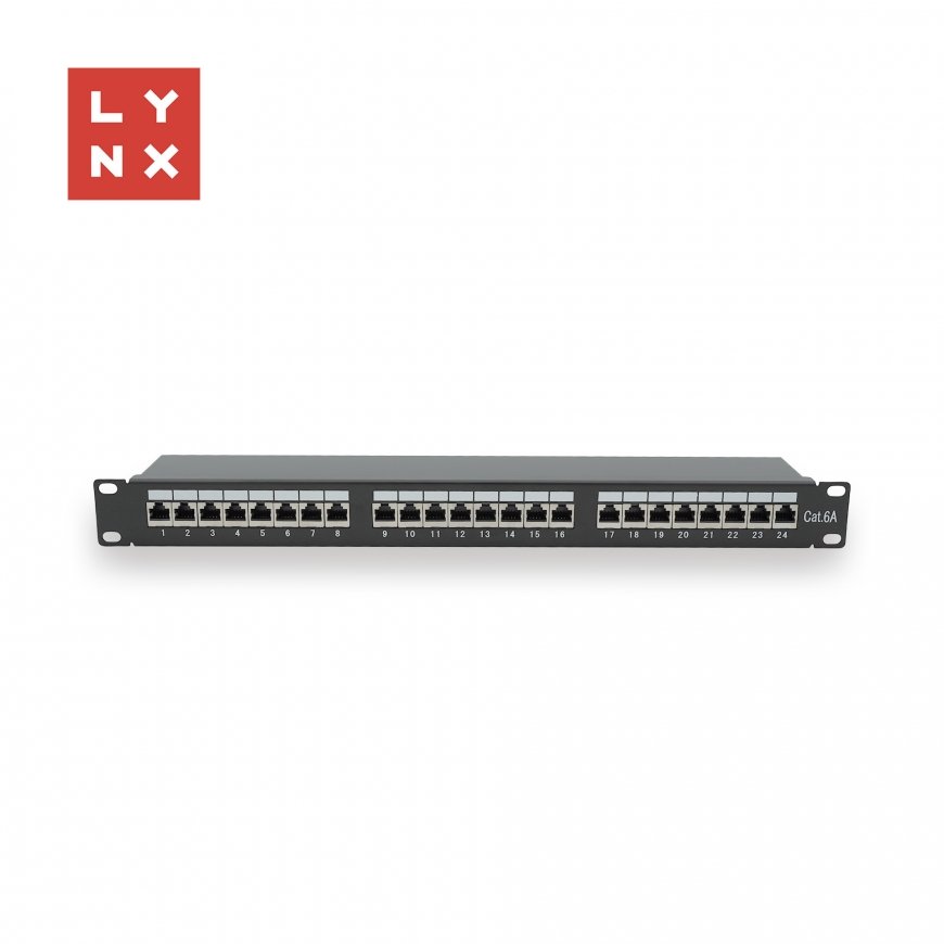 LYNX 19" patch paneel 24-port, FTP Cat6a, 50µ, varjestatud, must – 2