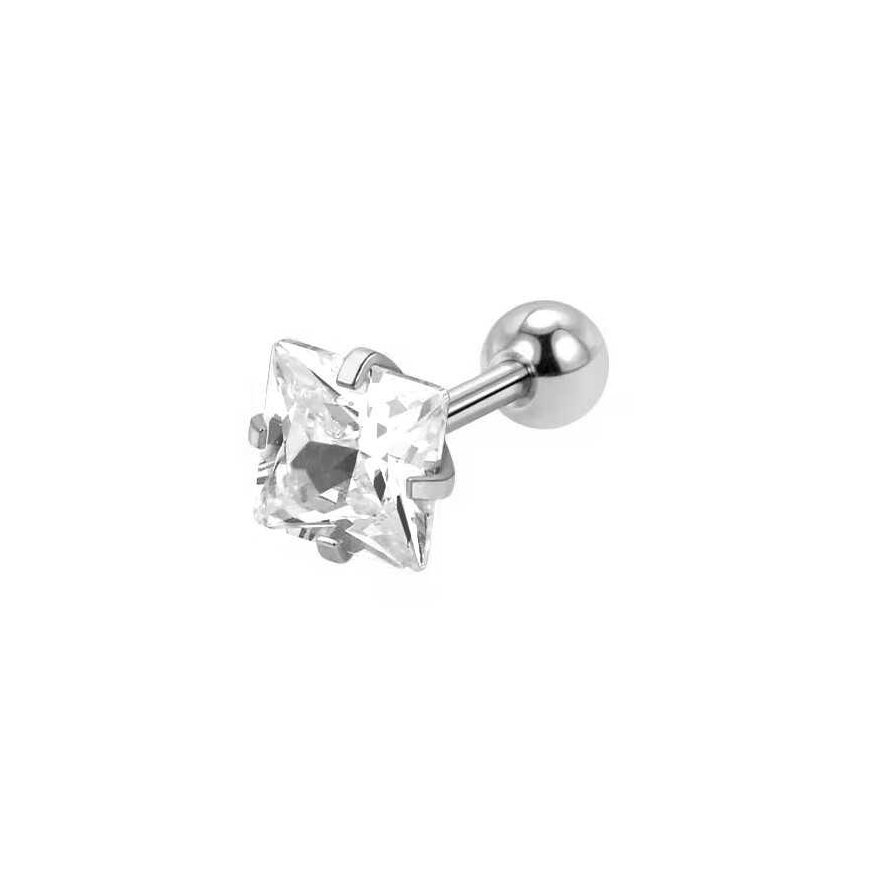 Steel hoop earring with a clear crystal square