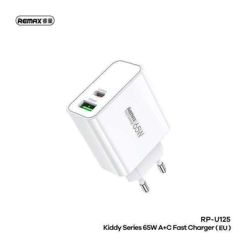 Network charger 65W USB + USB-C Remax Kiddy Series RP-U125 in white color