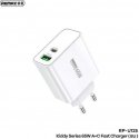 Network charger 65W USB + USB-C Remax Kiddy Series RP-U125 in white color Network charger 65W USB + USB-C Remax Kiddy Series RP-U125 in white color