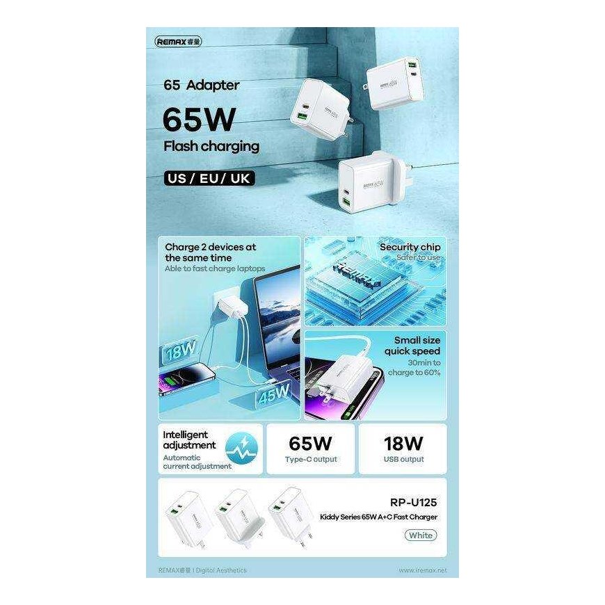 Network charger 65W USB + USB-C Remax Kiddy Series RP-U125 in white color – 2