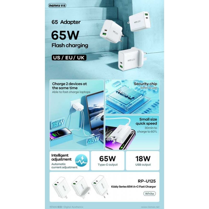 Network charger 65W USB + USB-C Remax Kiddy Series RP-U125 in white color – 4