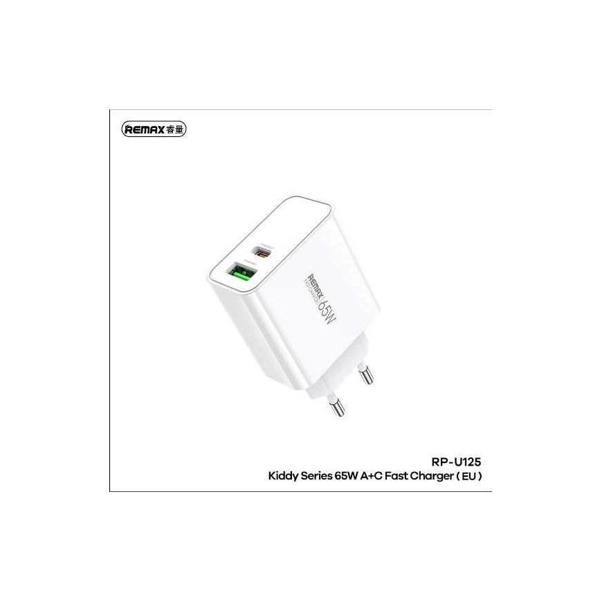Network charger 65W USB + USB-C Remax Kiddy Series RP-U125 in white color – 5