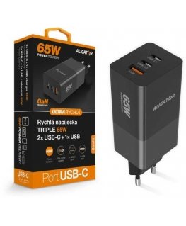 ALIGATOR GaN smart power charger, Power Delivery 65W, 2xUSB-C, 1xUSB-A, black