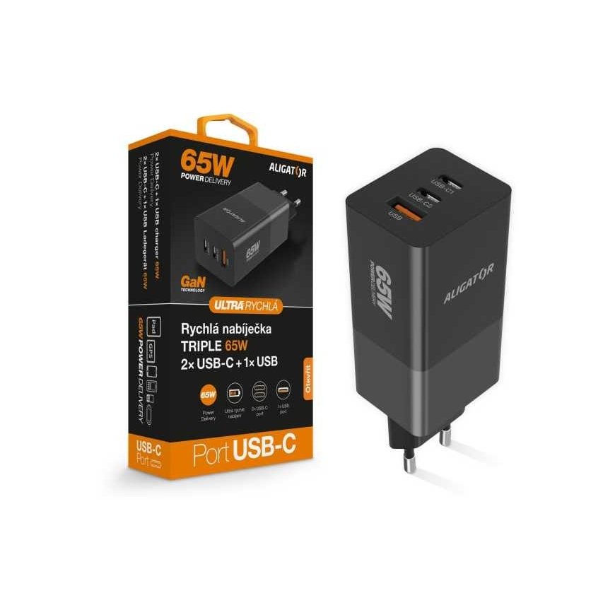 ALIGATOR GaN älykäs virtalähde, Power Delivery 65W, 2xUSB-C, 1xUSB-A, musta
