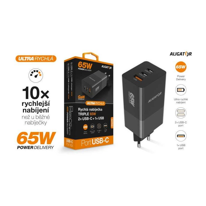 ALIGATOR GaN älykäs virtalähde, Power Delivery 65W, 2xUSB-C, 1xUSB-A, musta – 2