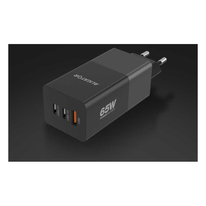 ALIGATOR GaN išmanusis maitinimo įkroviklis, Power Delivery 65W, 2xUSB-C, 1xUSB-A, juodas – 3
