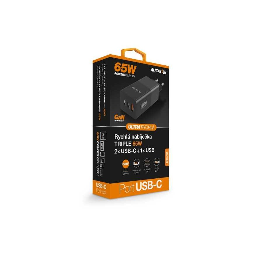 ALIGATOR GaN išmanusis maitinimo įkroviklis, Power Delivery 65W, 2xUSB-C, 1xUSB-A, juodas – 5