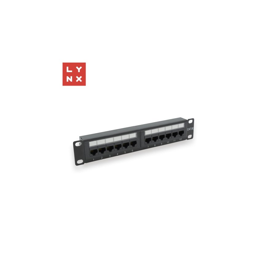 LYNX 10" patch paneel 12-porti, UTP Cat5e, 50µ, varjestatud, must