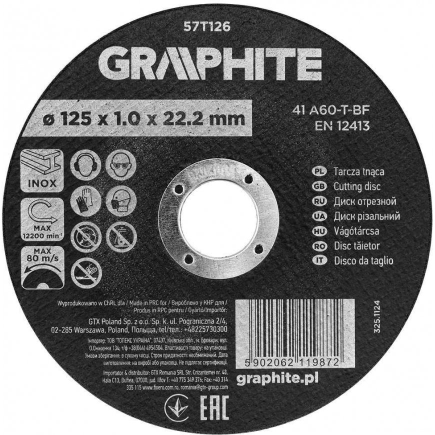 Grafito pjovimo diskas, korundas, skirtas metalui/INOX, 125 x 1,0 x 22,2 mm, 41 A60-T-BF, 110 vnt. dėžutėje – 2