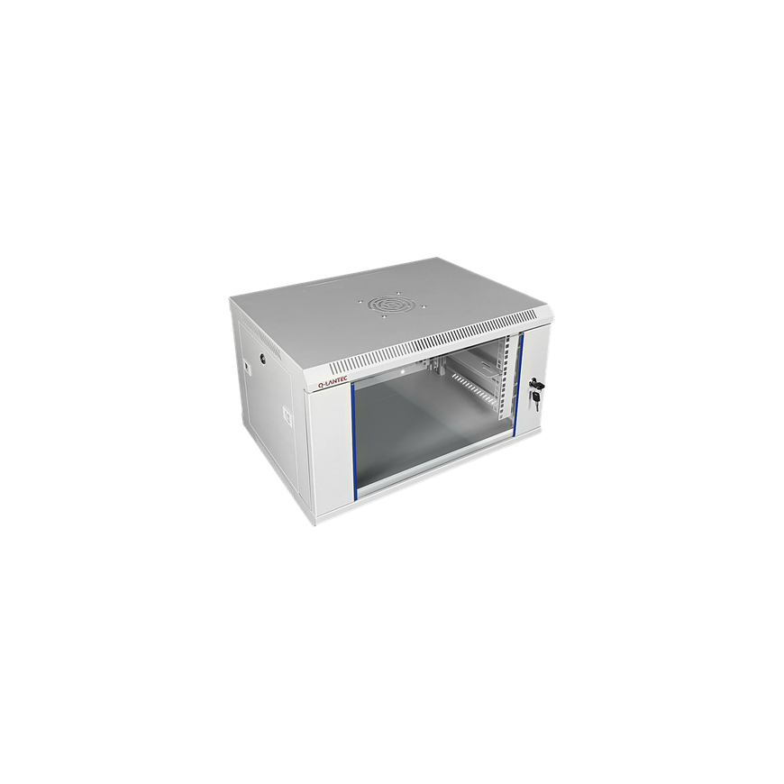 19" 6U 600x450 wall cabinet, single leaf glass door, fully removable back panel, fully removable lockable side panels, 4 rails,