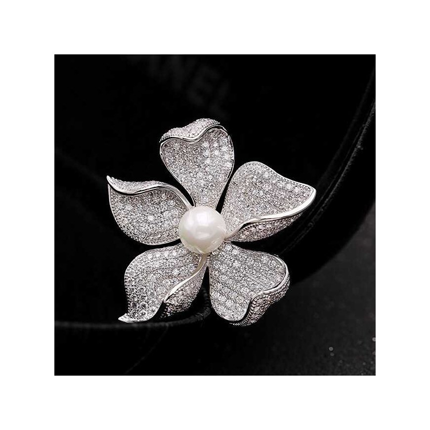 Elegant brooch with artificial pearl and crystals Silver – 4