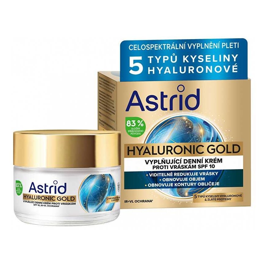 Astrid Hialuronskābes Zelta Krēms SPF 10 - Aizpildošs dienas krēms pret grumbām ar zelta proteīniem - 50 ml
