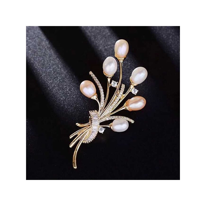 Troli Brooch pearl bouquet with crystals Gold – 3