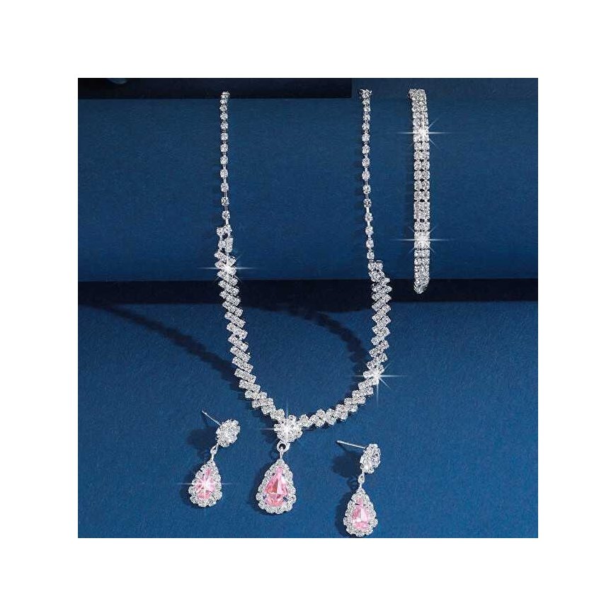 Troli Women’s jewelry set with pink zircons Drop (pendant, bracelet, earrings) – 4