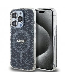 Чехол Guess PU Fixed Glitter 4G с металлическим логотипом для iPhone 17 черный