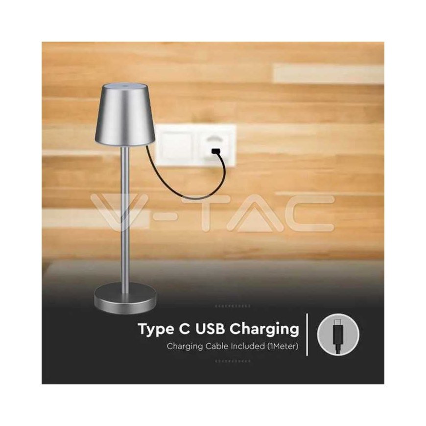 V-tac 3W LED rechargeable table lamp, gray, 4000K, dimmable