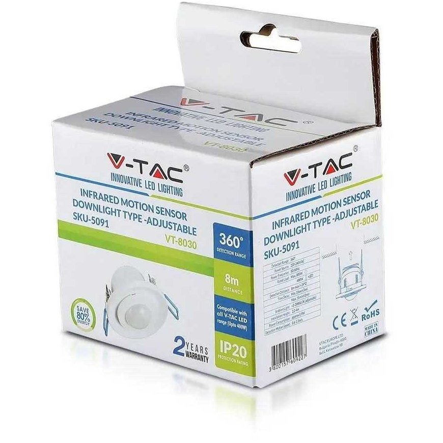 V-tac IR motion sensor, ceiling mounted, 360°, white – 5