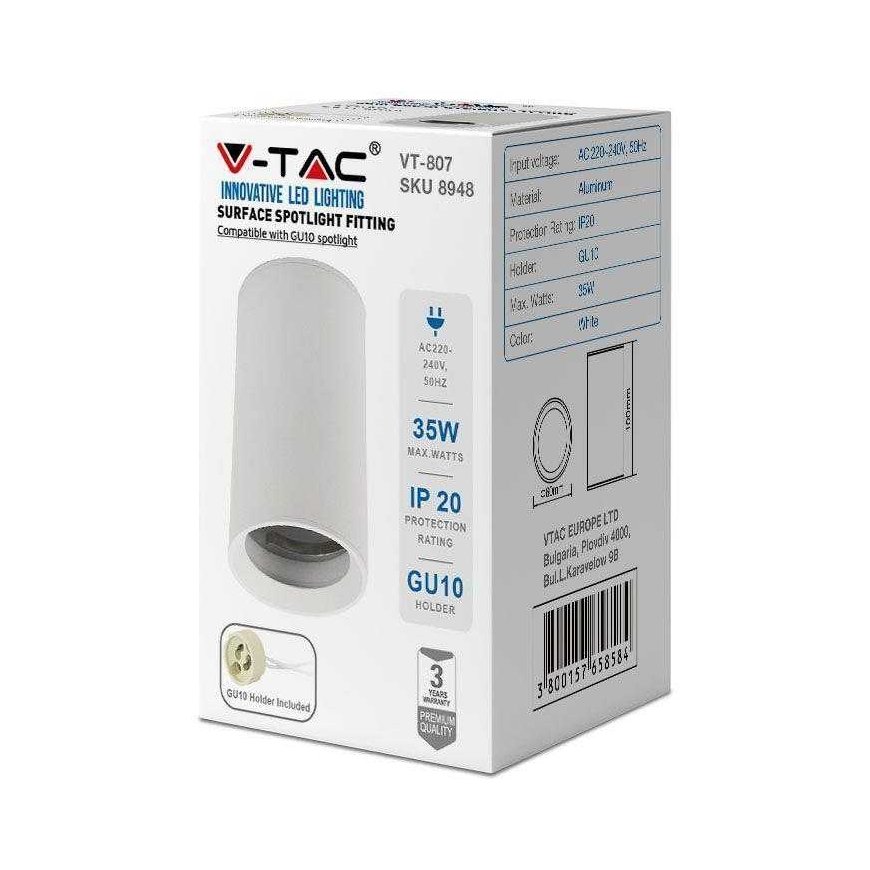 Recessed spotlight GU10 bulb frame V-TAC, white, height 10cm – 5