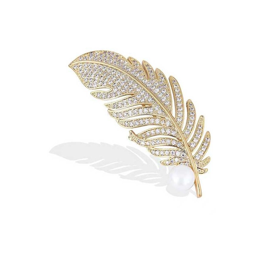Trolley Brooch, gilded feather with synthetic pearl, gold