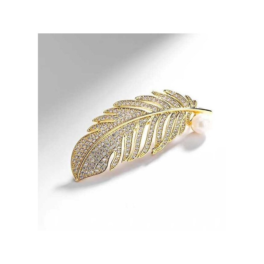 Trolley Brooch, gilded feather with synthetic pearl, gold – 2