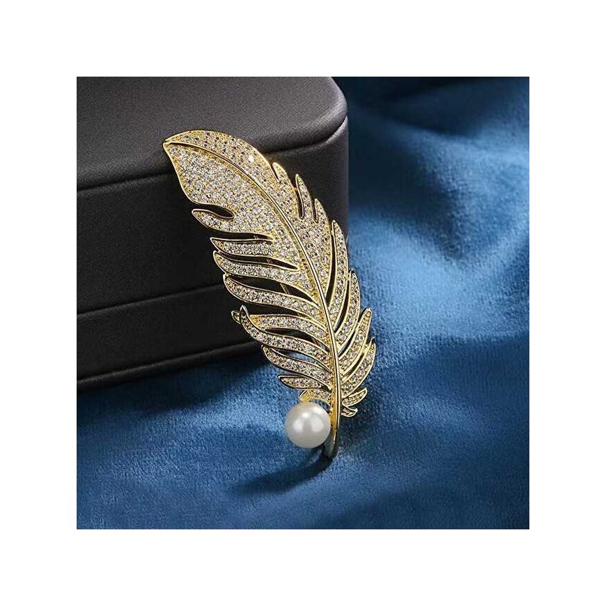 Trolley Brooch, gilded feather with synthetic pearl, gold – 4