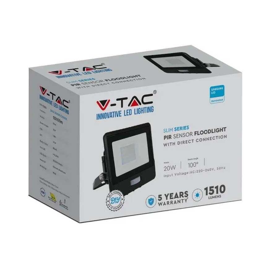 20W LED prožektorius V-TAC, juodu korpusu, 3000K, su judesio davikliu – 4