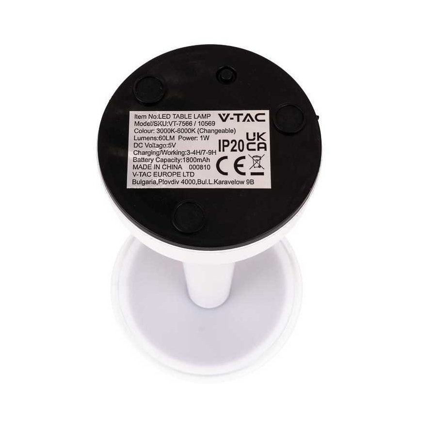 V-tac 1W LED laaditav lauavalgusti, valge, 3000-6000K, dimmerdatav – 3
